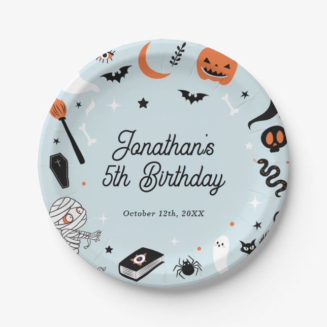 Blue Halloween Birthday Party Boy Paper Plates (Front)