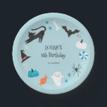 Blue Halloween Birthday Party  Paper Plates<br><div class="desc">Cute halloween theme boy's birthday party paper plate featuring illustration of a a ghost,  black cat,  spider,  bat,  candies,  and pumpkins.</div>