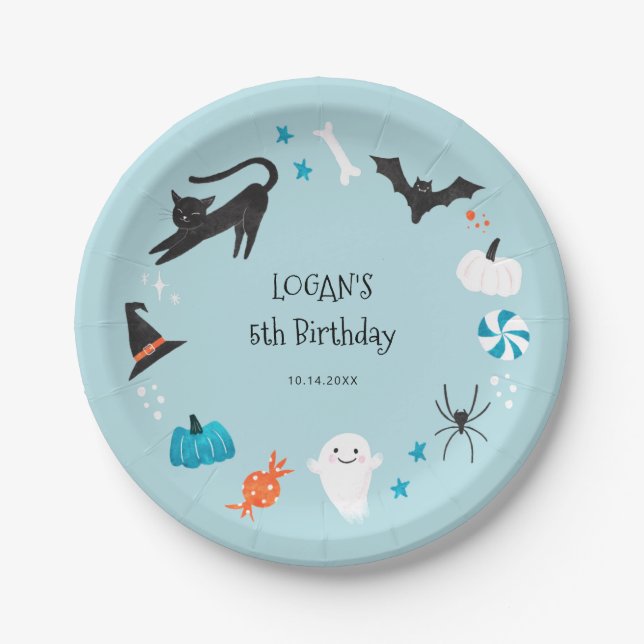 Blue Halloween Birthday Party  Paper Plates (Front)