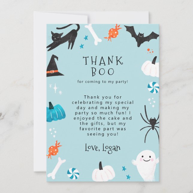 Blue Halloween Birthday Party Thank Boo Thank You Card (Front)