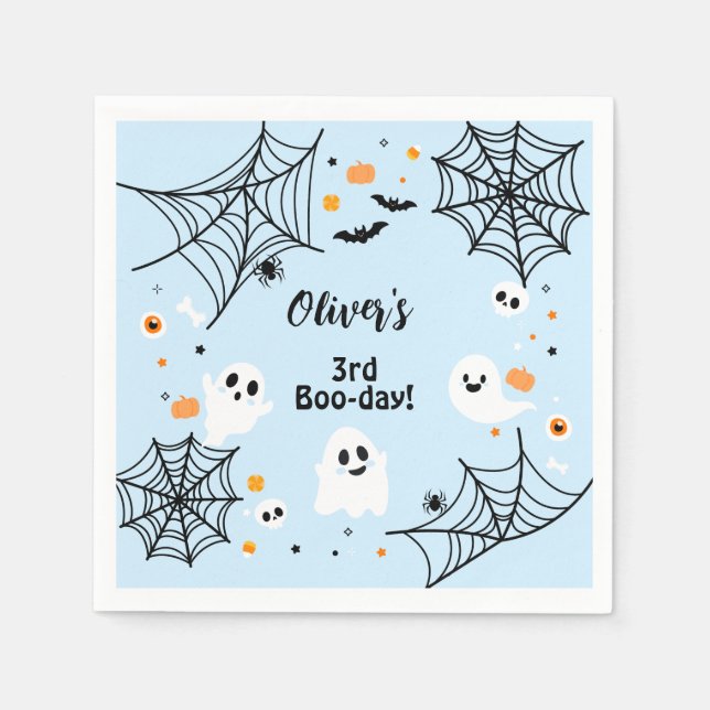 Blue Halloween Cute Ghost Boo-Day Party Napkins (Front)
