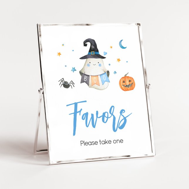 Blue Halloween Ghost Little Boo Baby Shower Favors Poster (Little Boo Baby Shower Favors Sign)