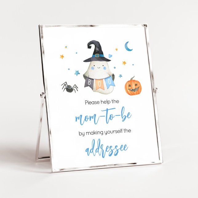 Blue Halloween Ghost Little Boo Envelope Station Poster (Little Boo Baby Shower Envelope Station Sign)