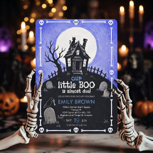 Blue Halloween Haunted House Baby Shower Invitation