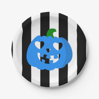 blue halloween heart pumpkin striped paper plates