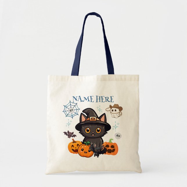 Blue Halloween Kitty Witch Candy Tote Bag (Front)