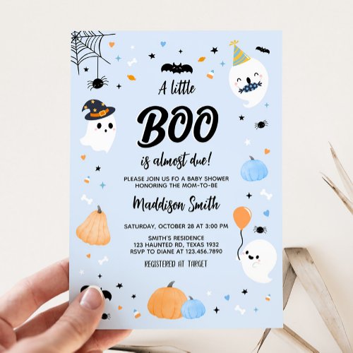 Blue Halloween Little Boo Baby Shower  Invitation