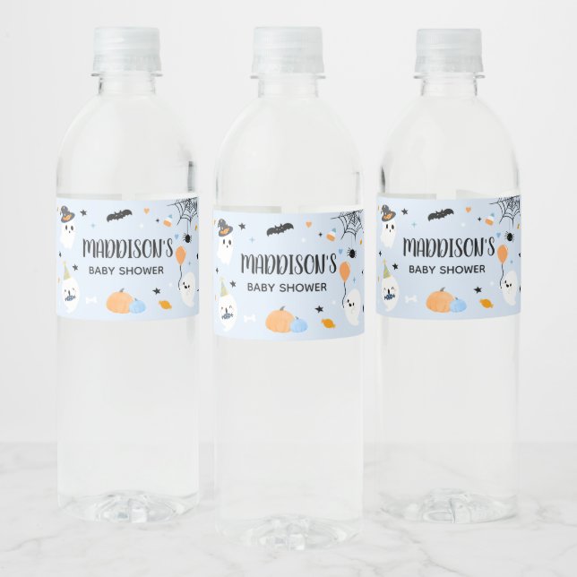 Blue Halloween Little Boo Baby Shower Water Bottle Label (Bottles)