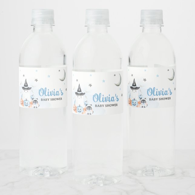 Blue Halloween Little Boo Baby Shower Water Bottle Label (Bottles)