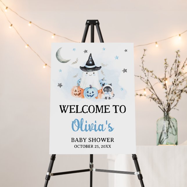 Blue Halloween Little Boo Baby Shower Welcome Sign (In Situ (Stand))