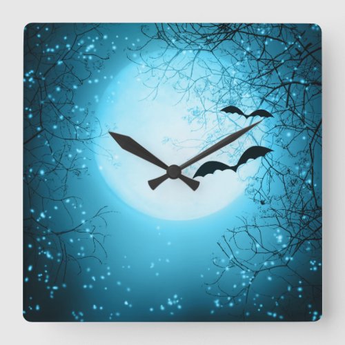 blue halloween night square wall clock