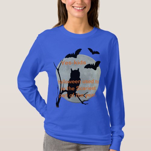 Blue Halloween Owl  Bats Long Sleeve T_Shirt