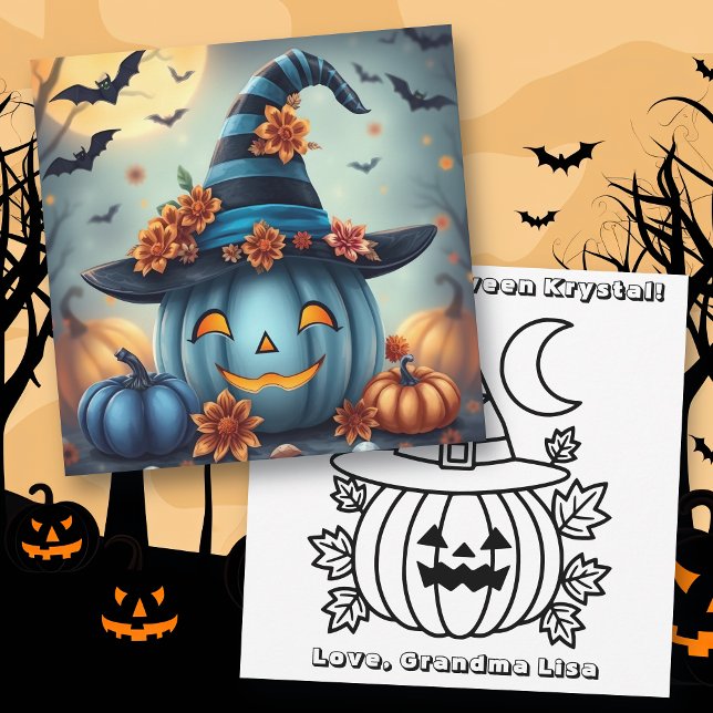 Blue Halloween Pumpkin & Coloring Page Personalize Card (Creator Uploaded)