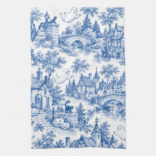 Blue Halloween Village Toile Pattern Ghosts Cats Kitchen Towel