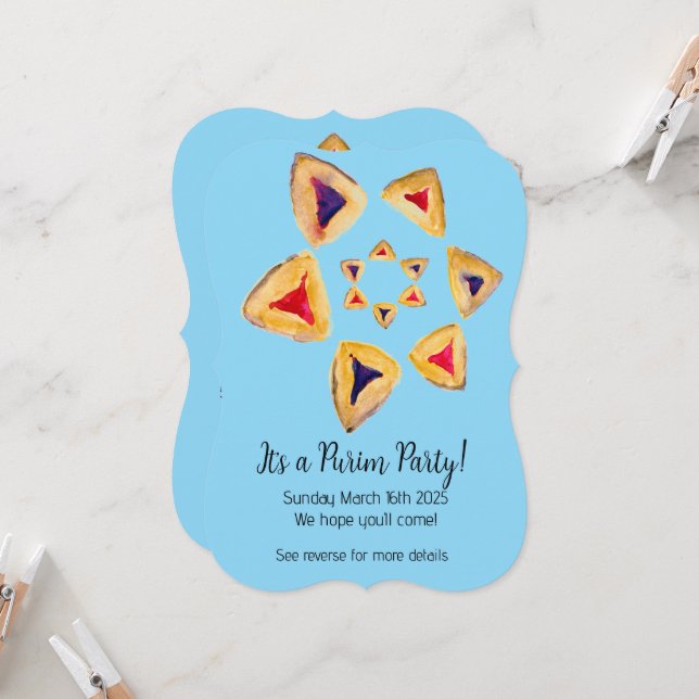 Blue Hamantaschen Star Purim Party Invitations (Front/Back In Situ)