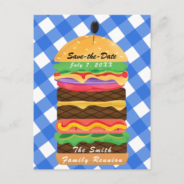 Blue Hamburger Summer Cookout Barbecue BBQ Party Announcement Postcard (Front)