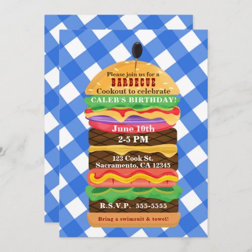 Blue Hamburger Summer Cookout Barbecue Invitations