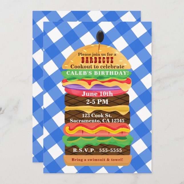 Blue Hamburger Summer Cookout Barbecue Invitations (Front/Back)
