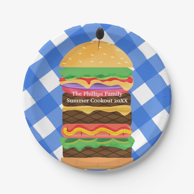 Blue Hamburger Summer Cookout Barbecue Party BBQ Paper Plates (Front)