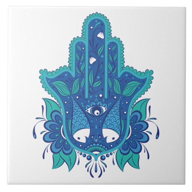Blue Hamsa Design Ceramic Tile (Front)