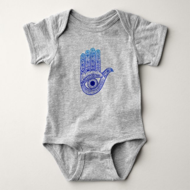Blue Hamsa Hand / Evil Eye Defense / Hand of Mary Baby Bodysuit (Front)