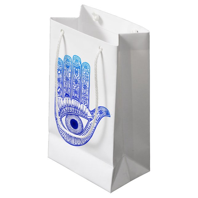 Blue Hamsa Hand / Evil Eye Defense / Hand of Mary Small Gift Bag (Front Angled)