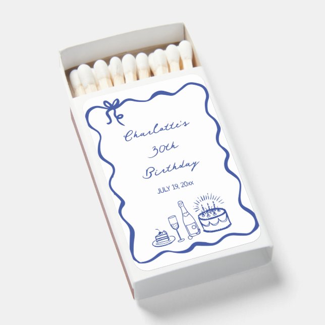 BLUE hand drawn 30th Birthday Party Favor Matchboxes (Front Open)