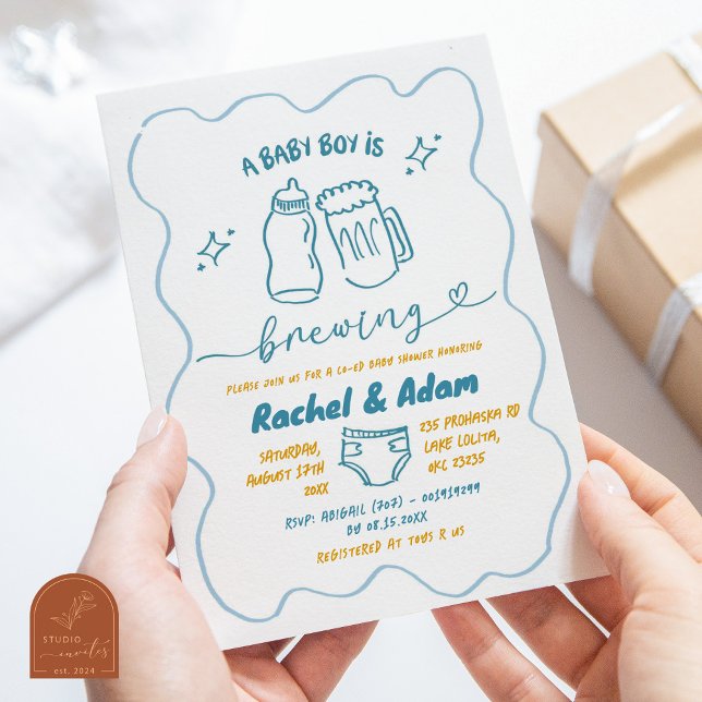 Blue Hand Drawn Baby is Brewing Boy Baby Shower Invitation (Creator Uploaded)