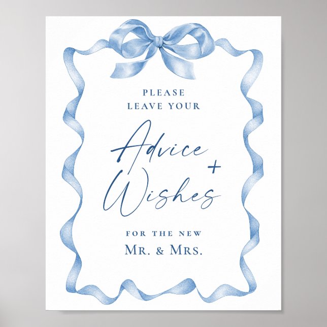 Blue Hand Drawn Bow Advice and Wishes Wedding Poster (Front)
