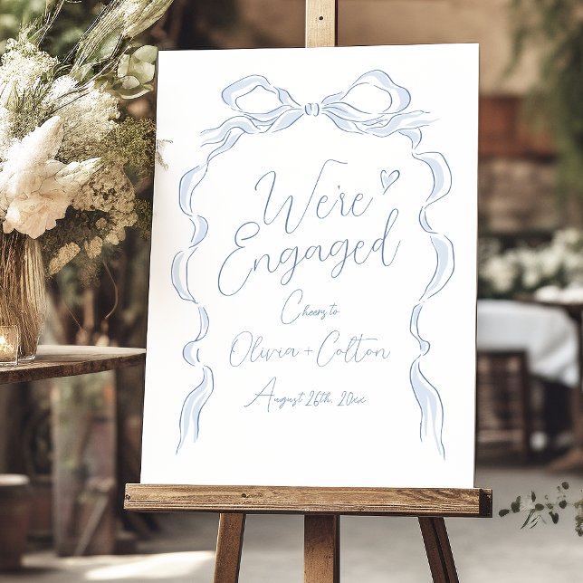 Blue Hand Drawn Bow Engagement Party Sign (Blue Hand Drawn Bow Engagement Party Sign)