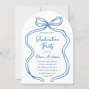 Blue Hand Drawn Bow & Handwriting Graduation Party Invitation