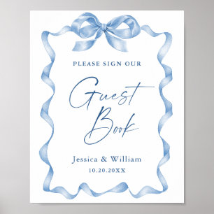 Blue Hand Drawn Bow Our Guestbook Wedding Sign