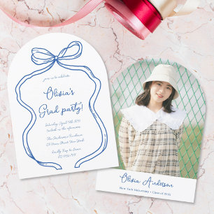 Blue Hand Drawn Bow Photo Arch Graduation Party Invitation