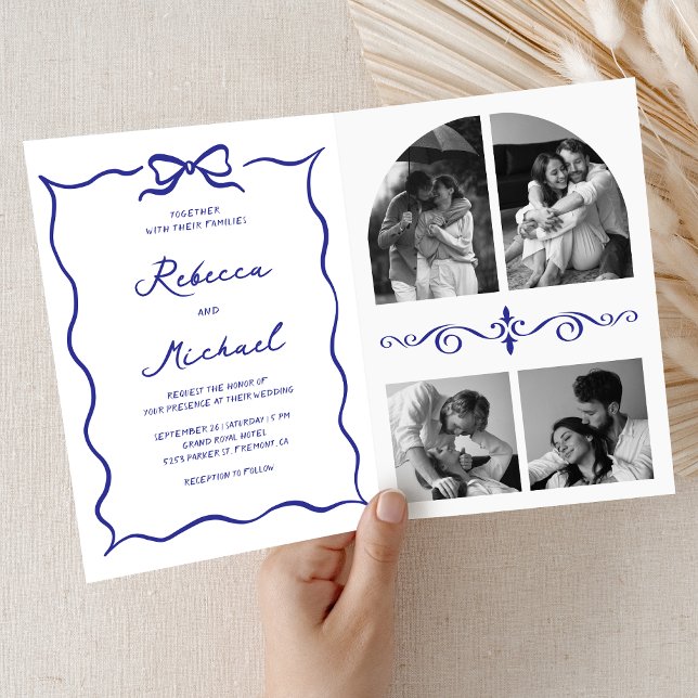 Blue Hand Drawn Bow QR Code Photo Wedding Invitation (Creator Uploaded)