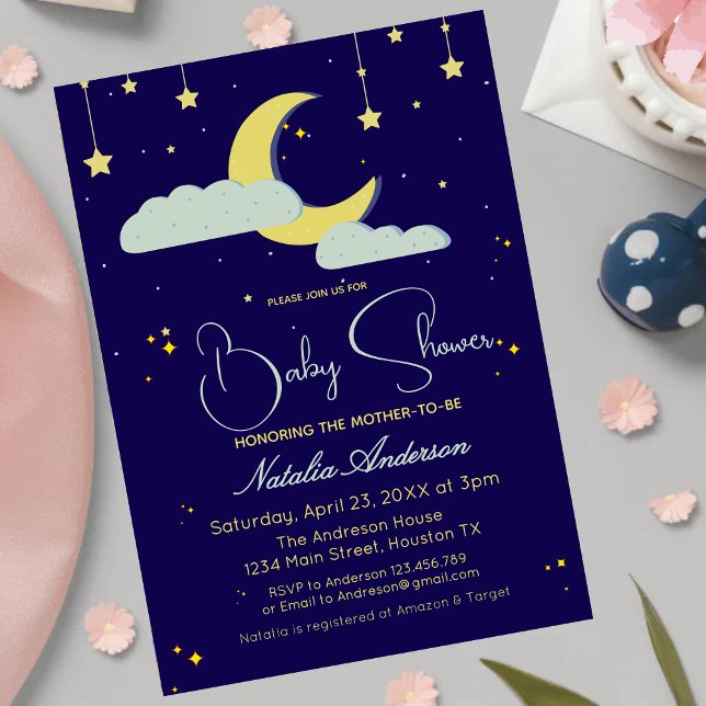 Blue Hand Drawn Celestial Star Moon Baby Shower Invitation (Creator Uploaded)