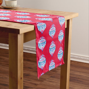 Blue hand drawn Christmas ornaments on bright red Short Table Runner