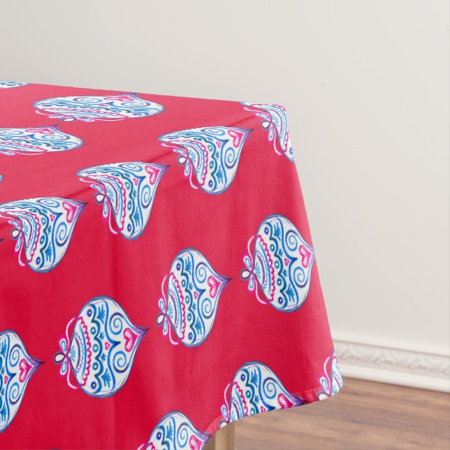 Blue hand drawn Christmas ornaments on bright red  Tablecloth (In Situ)