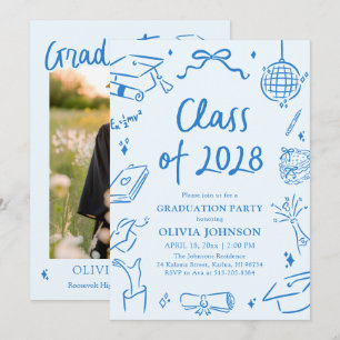 Blue Hand Drawn Class of 2028 Graduation Party Invitation