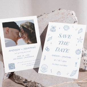 Blue Hand Drawn Coastal Wedding Save the Date Invitation