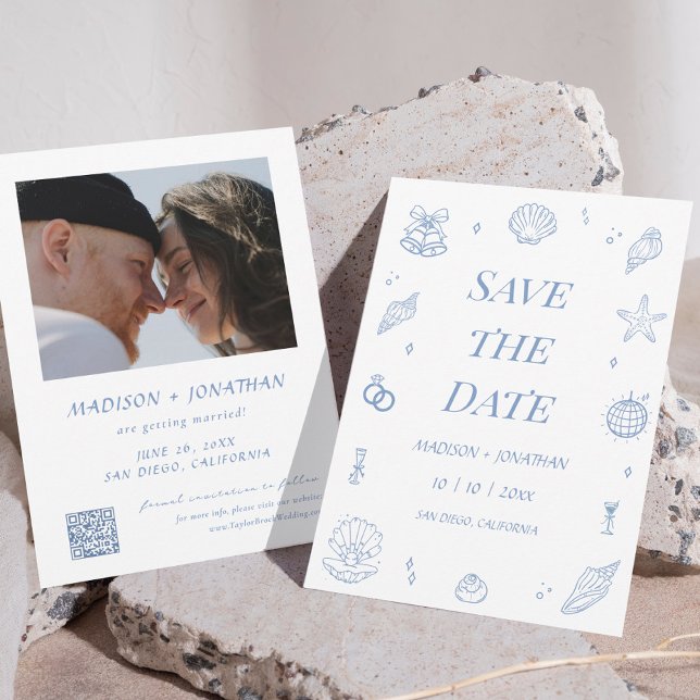 Blue Hand Drawn Coastal Wedding Save the Date Invitation (Creator Uploaded)