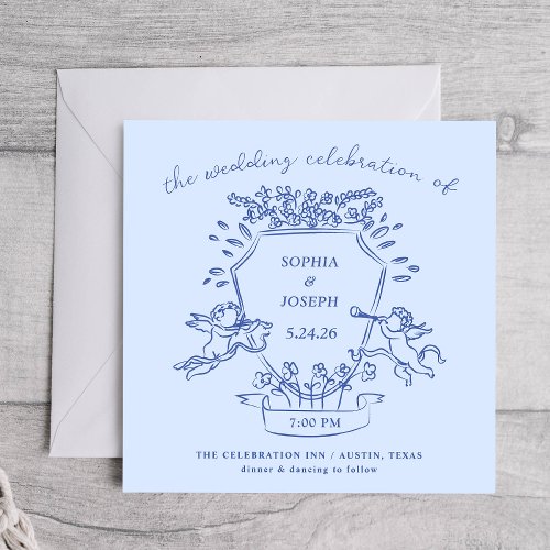 Blue Hand Drawn Crest with Cherubs  Wedding Invitation