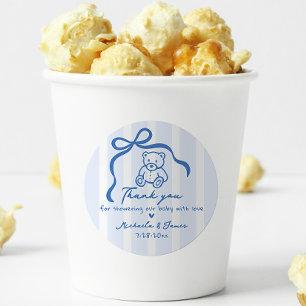 Blue Hand Drawn Doodle Bow & Teddy Boy Baby Shower Classic Round Sticker