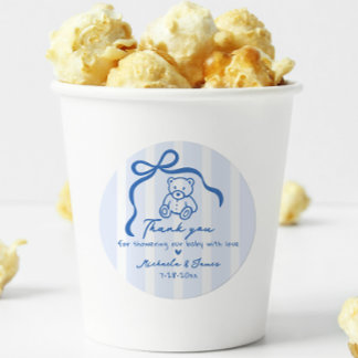 Blue Hand Drawn Doodle Bow & Teddy Boy Baby Shower Classic Round Sticker