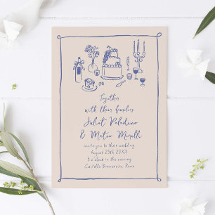 Blue Hand Drawn Doodle Food and Drink Wedding Invitation