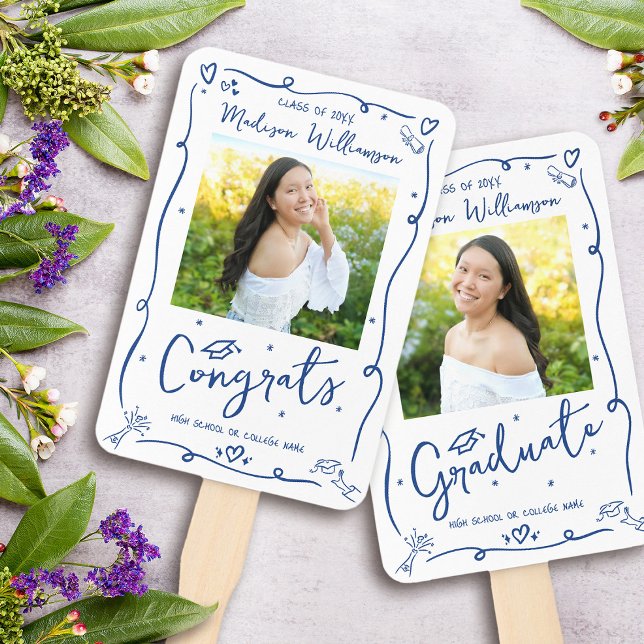 Blue Hand Drawn Doodle Graduation 2 Photo White Fan (Creator Uploaded)