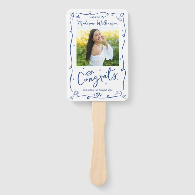 Blue Hand Drawn Doodle Graduation 2 Photo White Hand Fan (Front)