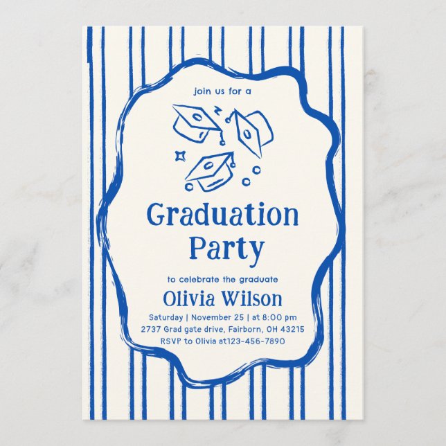 Blue Hand Drawn Doodle Graduation Party Invitation (Front)