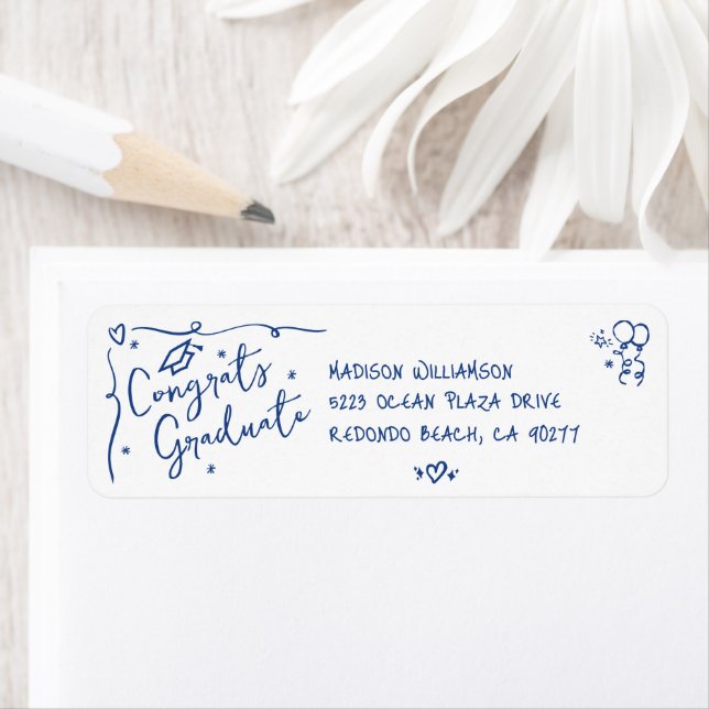 Blue Hand Drawn Doodle Graduation White Address Label (Insitu)