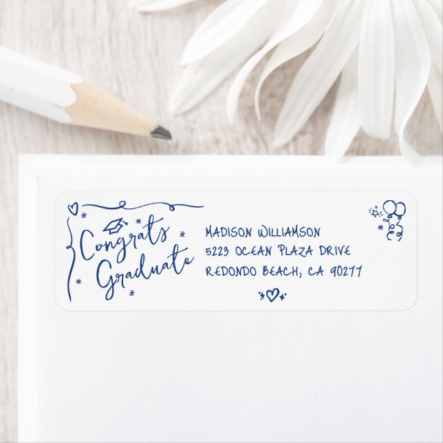 Blue Hand Drawn Doodle Graduation White Address Label (Insitu)