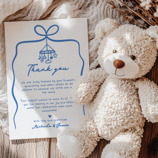 Blue Hand Drawn Doodle Ribbon Bow Boy Baby Shower Thank You Card